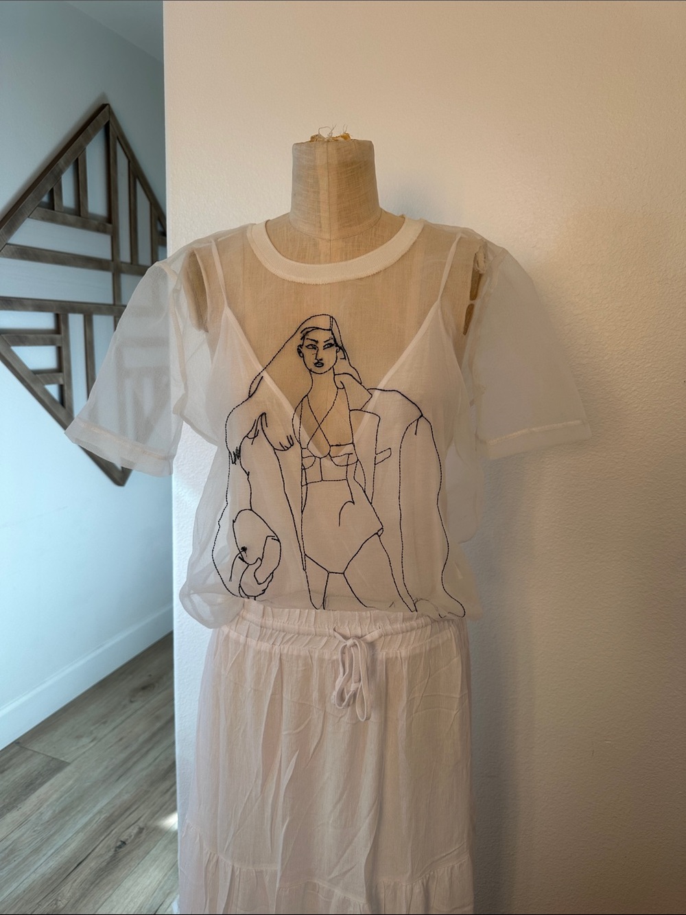 Zara Sheer White Mesh Tee with Black Line-Drawn Figure